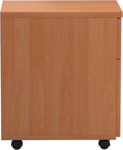 Office Hippo Heavy Duty 2 Drawer Mobile Pedestal Filing Cabinet with Anti-Tilt Mechanism & Lockable Office Storage, 5 Year Warranty - Beech