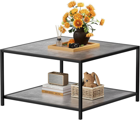 SAYGOER Coffee Table for Living Room, Square Modern Coffee Tables with Storage, 2 Tier Small Farmhouse Center Table for Office Apartment Home, Gray Wood Tabletop, Easy Assembly
