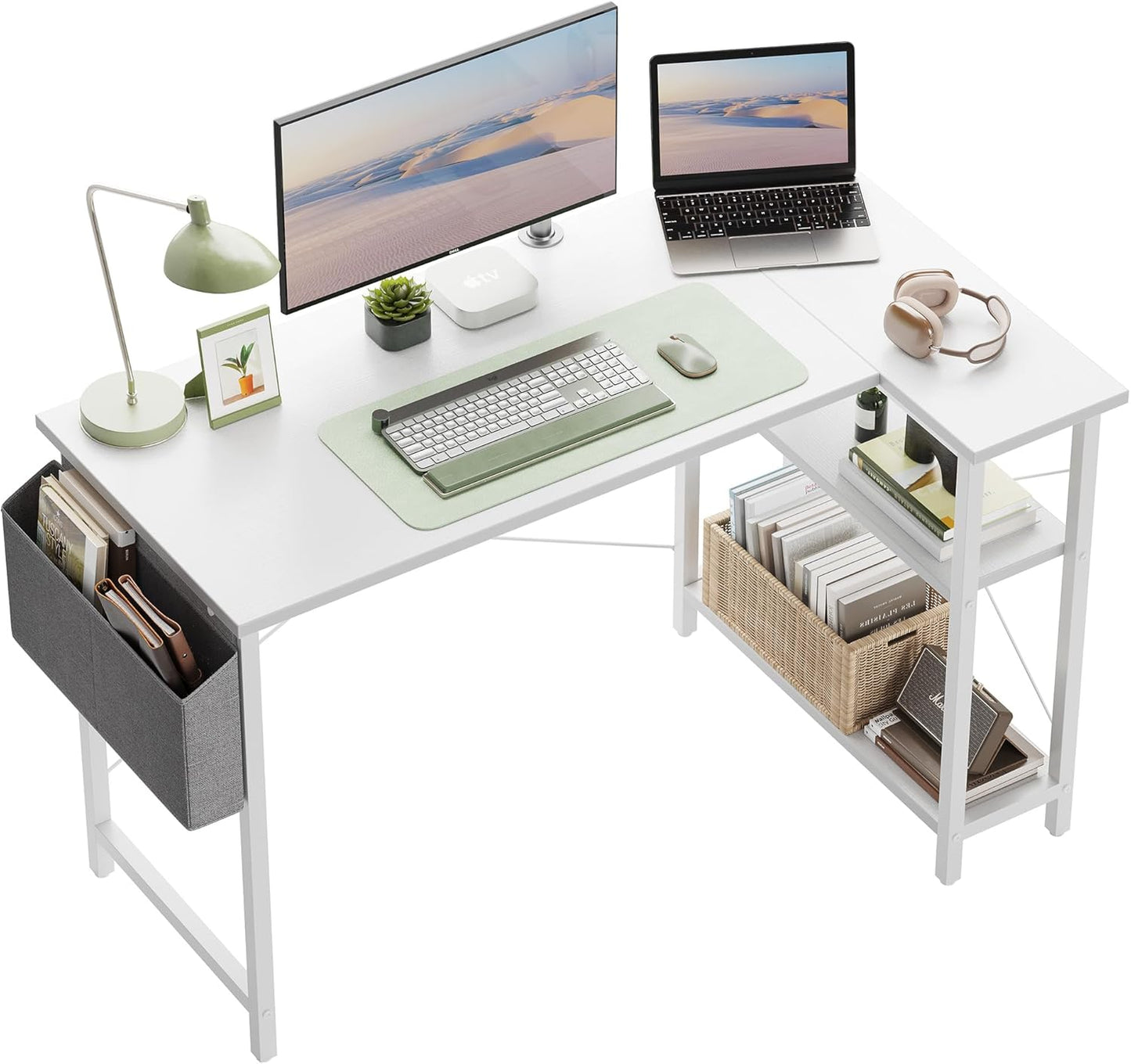 CubiCubi 47 Inch Small L Shaped Computer Desk with Storage Shelves Home Office Corner Desk Study Writing Table, Deep Brown