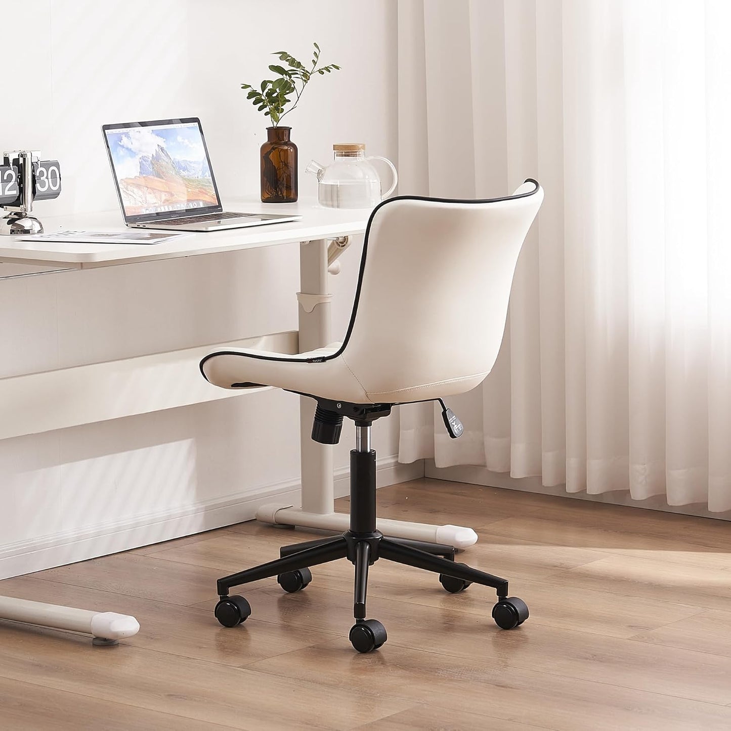 YOUTASTE Modern Armless Office Chair - Height Adjustable Swivel Rocking Computer Task Chair, Faux Leather With Wheels, Stylish Lounge Vanity Seat, White