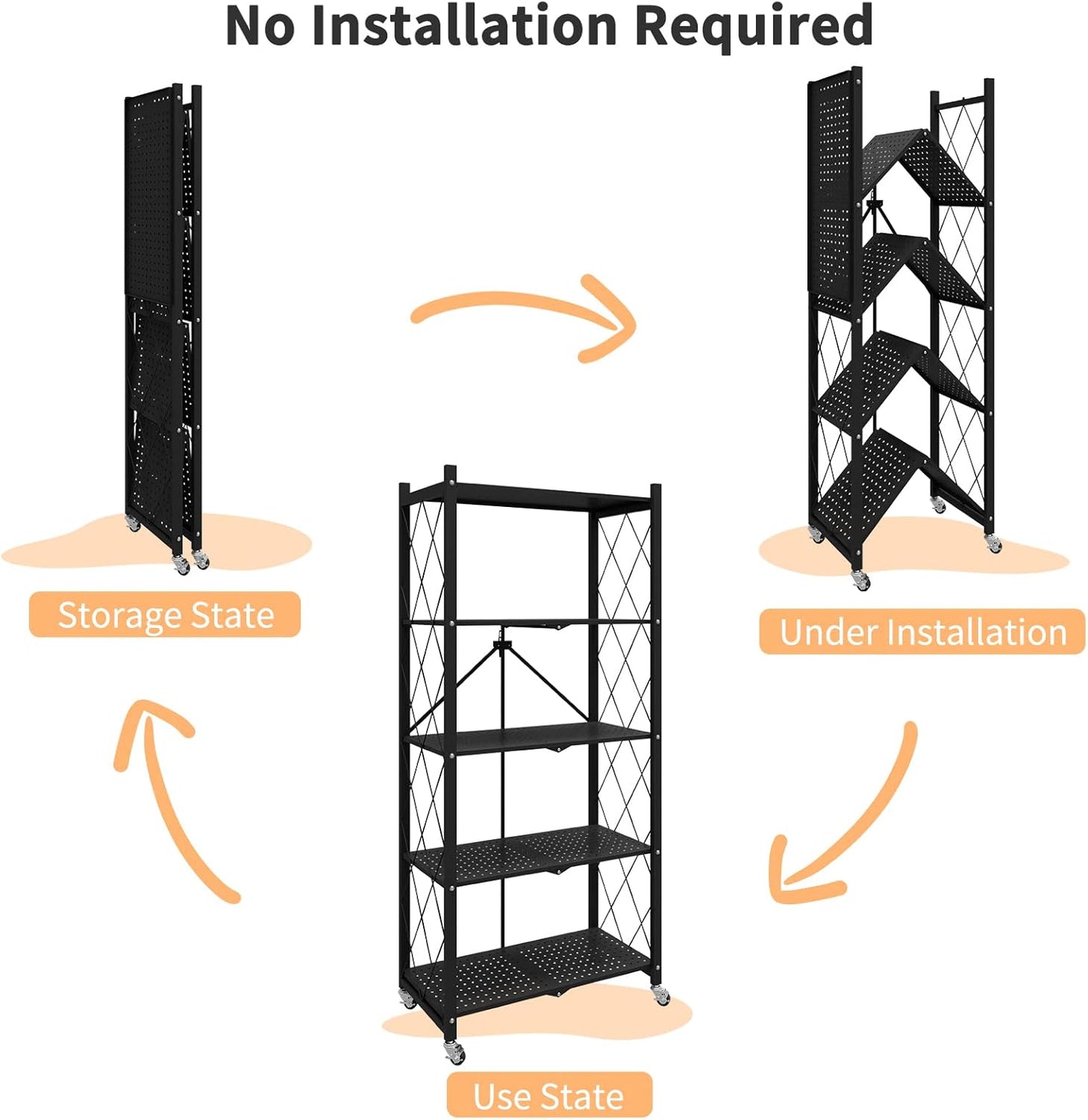 WHIFEA 5 Tier Foldable No Assembly Storage Shelves with Wheels 28.3’’15’’63.2’’ Free Standing Metal Wire Rack Heavy Duty Pantry Collapsible Organizer for Kitchen Bedroom Bathroom Office Black
