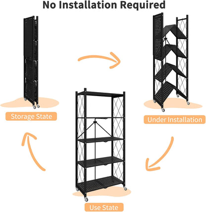 WHIFEA 5 Tier Foldable No Assembly Storage Shelves with Wheels 28.3’’15’’63.2’’ Free Standing Metal Wire Rack Heavy Duty Pantry Collapsible Organizer for Kitchen Bedroom Bathroom Office Black