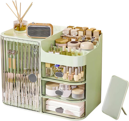 DASITON Makeup Organizer with Mirror,3 Drawers Storage Organizer,Makeup Brush Holder,Large Capacity Makeup Storage Box Skincare Organizers,Make up Organizers for Vanity,Bedroom,Countertop(Green)