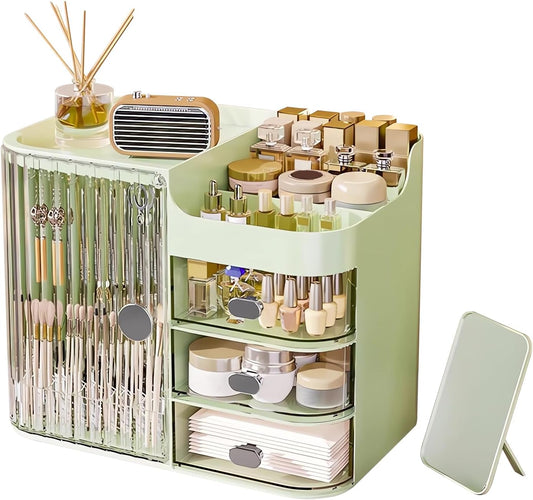 DASITON Makeup Organizer with Mirror,3 Drawers Storage Organizer,Makeup Brush Holder,Large Capacity Makeup Storage Box Skincare Organizers,Make up Organizers for Vanity,Bedroom,Countertop(Green)