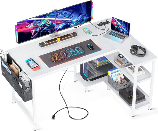 ODK 48 Inch Small L Shaped Gaming Computer Desk with Power Outlets, Reversible Storage Shelves & PC Stand for Home Office, Simple Writing Study Table with Storage Bag for Small Space, White