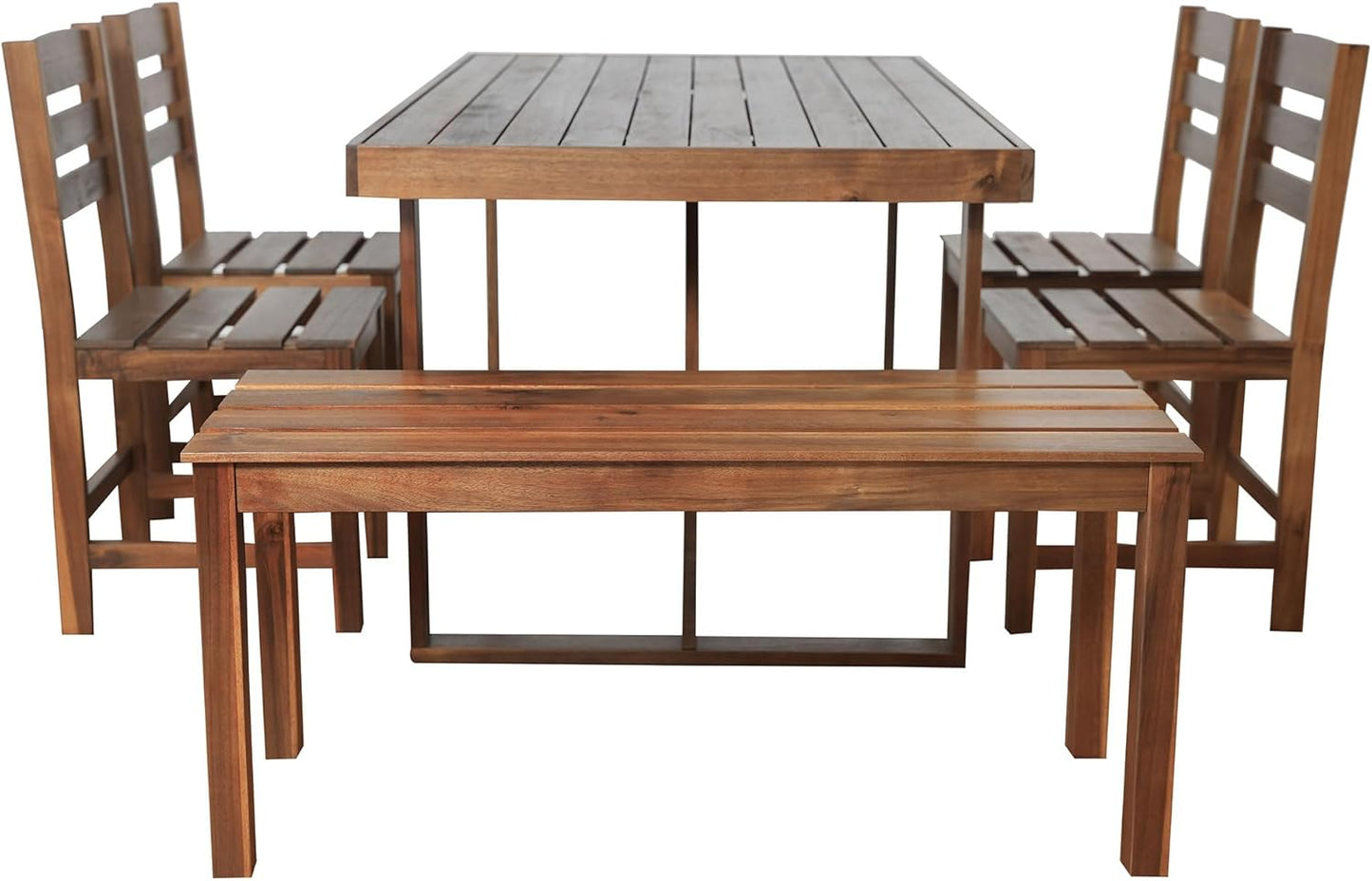 EOVTK 6-Piece Patio Wooden Dining Set with 59.8'' Rectangular Table, 4 Chair & Bench, Outdoor Conversation Furniture for Balcony, Vourtyard and Garden, Brown