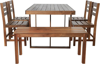 EOVTK 6-Piece Patio Wooden Dining Set with 59.8'' Rectangular Table, 4 Chair & Bench, Outdoor Conversation Furniture for Balcony, Vourtyard and Garden, Brown