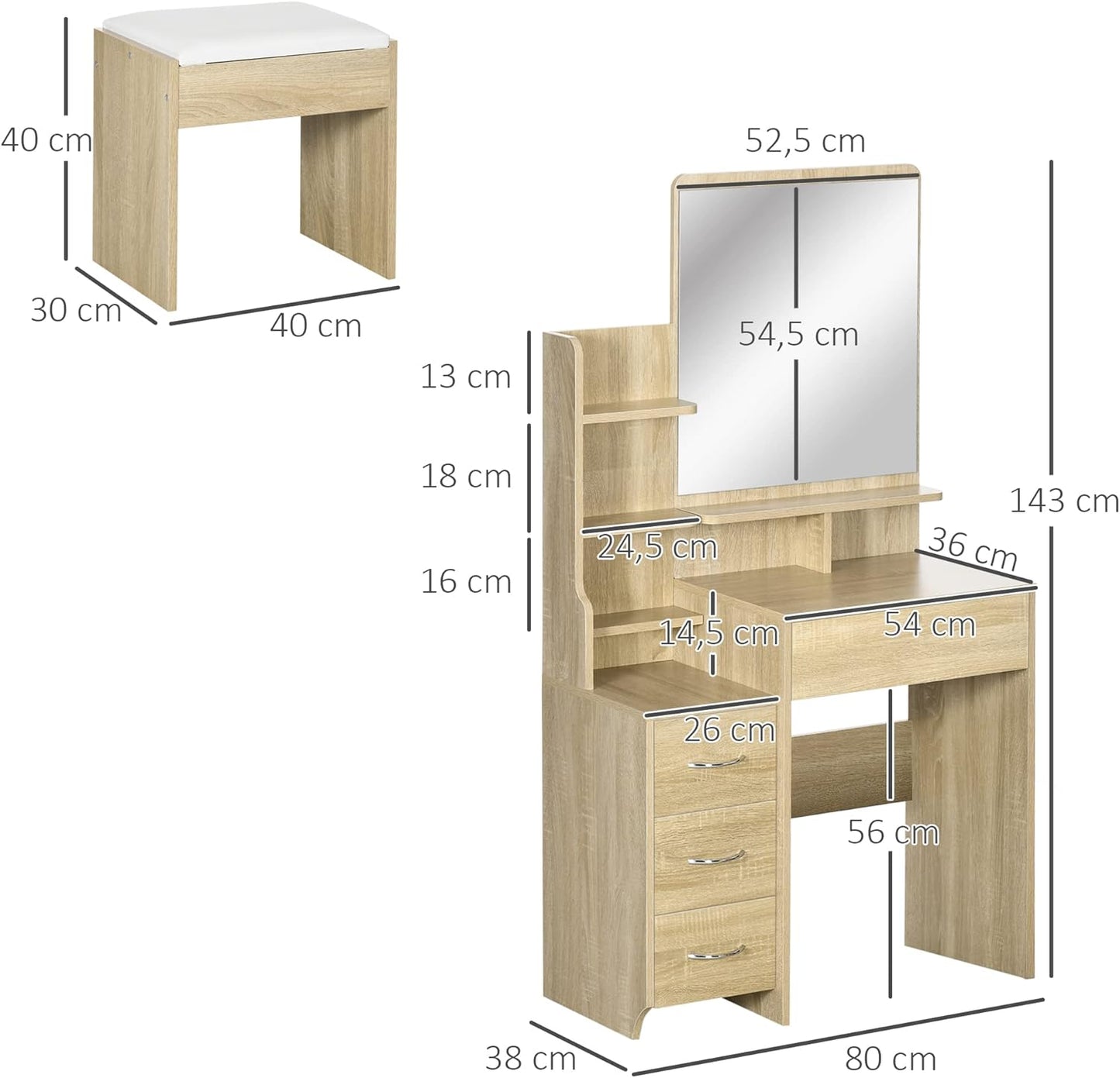 HOMCOM Dressing Table Makeup Table Set with Stool Padded Large Mirror + Multiple Open Shelves + 4 Drawers Natural Wood