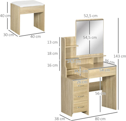 HOMCOM Dressing Table Makeup Table Set with Stool Padded Large Mirror + Multiple Open Shelves + 4 Drawers Natural Wood