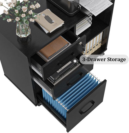 Panana-3 Drawer Office File Cabinets, Mobile Lateral Printer Stand with Open Storage Shelf, Rolling Filing Cabinet with Wheels Home Office Organization and Storage (Black)