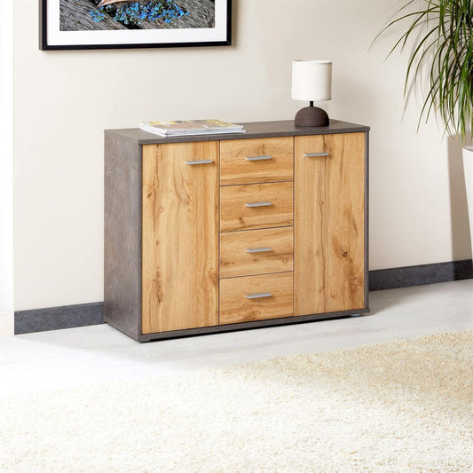 CARO-Möbel Jamie Sideboard with 2 Doors and 4 Drawers, Modern Chest of Drawers Office Furniture in Concrete Dark / Wotan Oak