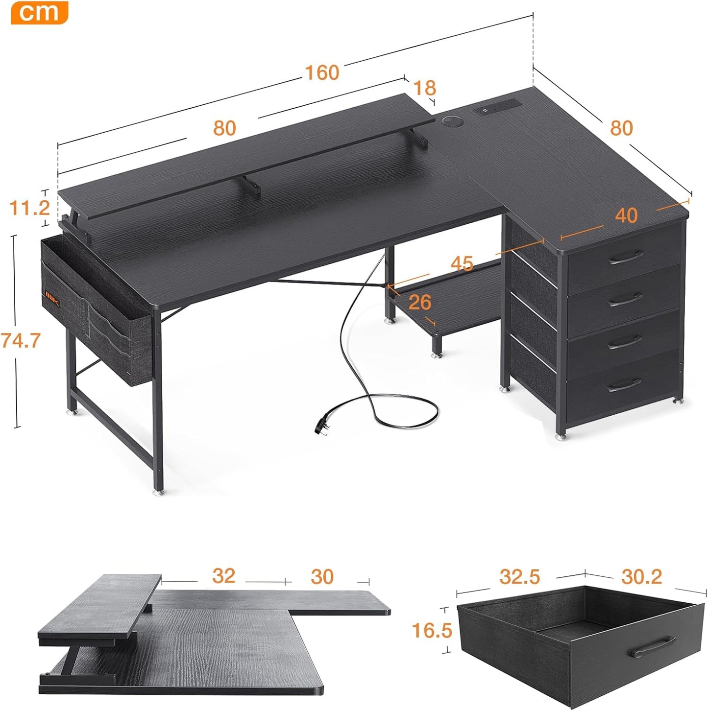 ODK Corner Desk with Drawers, L Shaped Computer Desk with USB Charging Port & Power Outlet, Home Office Desk with Monitor Stand and PC Stand, 63 Inch Gaming Desks Workstations, Black