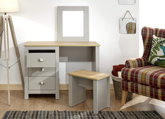 FurniFlex Grey Dressing Set with Mirror and Stool Jewellery Table, 3 Drawer
