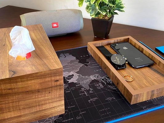 wood workers modern bathroom organizer set, wooden 3 piece set for living room bedroom dining kitchen, rustic rectangular trash bin, tissue box, tray set for office, vanity home decor accessories