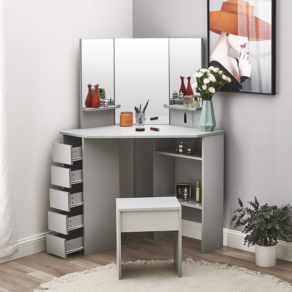 Panana Dressing Table MDF Corner Makeup Table with 3 Mirrors, 5 Drawers, 1 Compatiment and Bedroom Stool, 109 cm (L) x 55 cm (W) x 140 cm (H) (Grey)