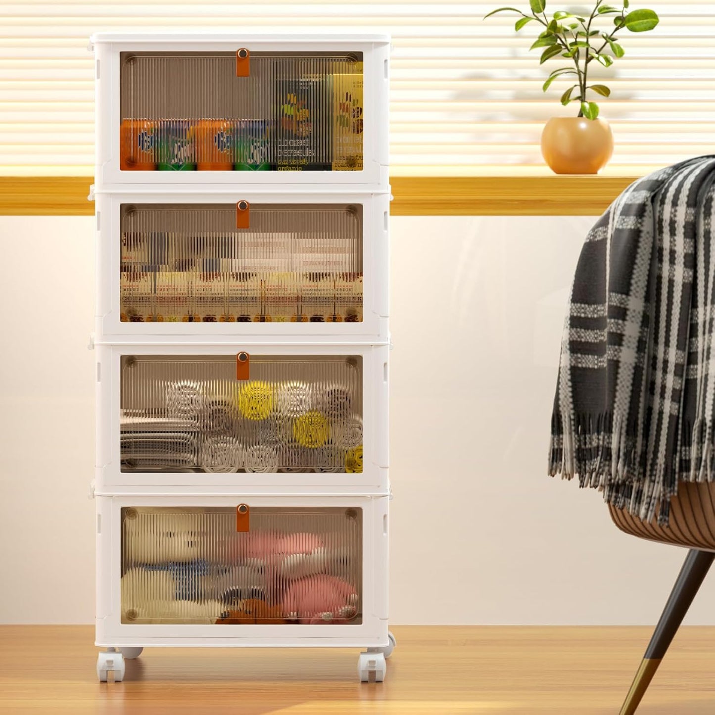 Plastic Storage Bins With Lids 23QT, Stackable Containers, Folding Boxes, Collapsible Bins, Closet Organizers for Living Room, Kitchen, Office, Dorm - Without Wheels