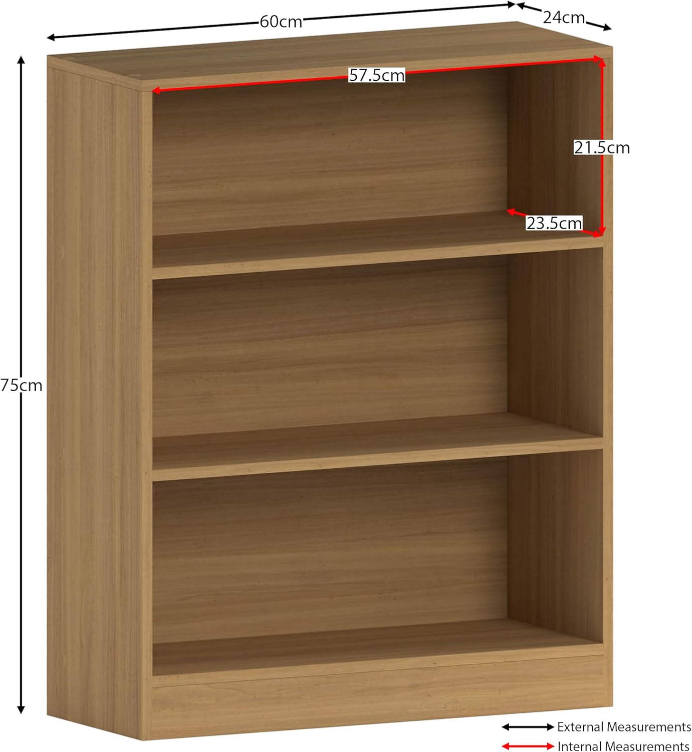 Vida Designs Cambridge 3 Tier Low Bookcase, Oak Wooden Shelving Display Storage Unit Office Living Room Furniture