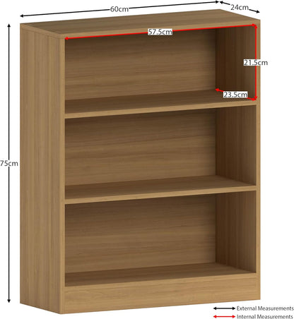 Vida Designs Cambridge 3 Tier Low Bookcase, Oak Wooden Shelving Display Storage Unit Office Living Room Furniture