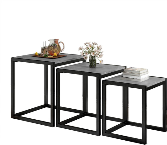HAHRIR Nesting Table Set of 3 Side Tables, Modern Coffee Table Stacking End Table with Metal Frame (A-Square, Grey)