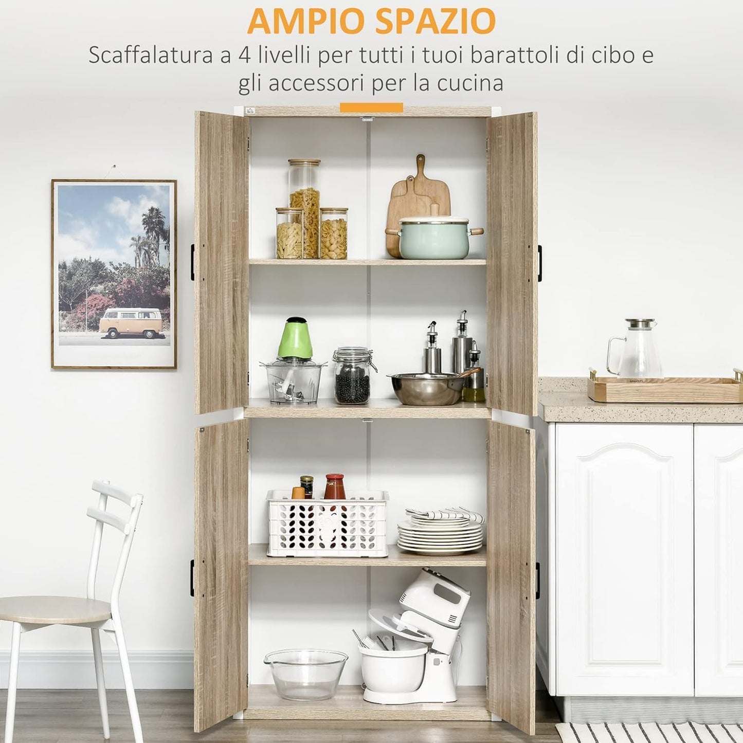 FurniFlex MDF Wood Kitchen Pantry with 4-Adjustable Shelves and Anti-Tilting Device, 80 x 40 x 182 cm Size, Wood/White