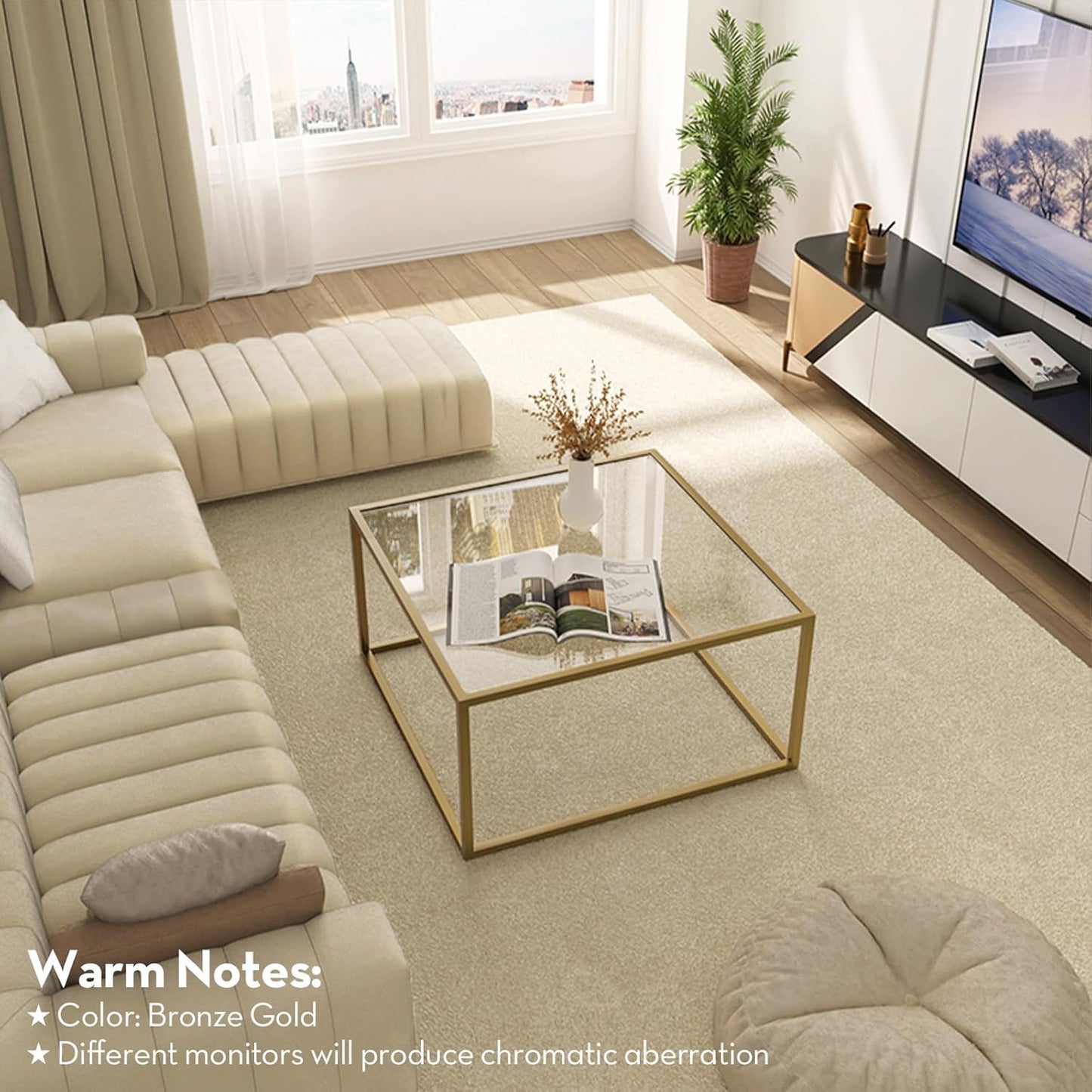 SAYGOER Gold Coffee Table Glass Modern Coffee Tables for Small Space Simple Square Center Table for Living Room Home Office 68 x 68 x 40cm, Easy Assembly
