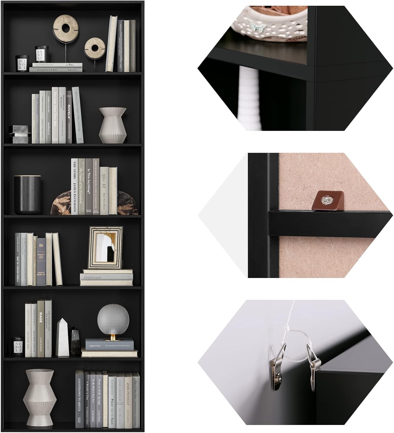 FirFurd Bookcase 6 Tiers Bookshelf Black Tall Display Shelf Freestanding Wooden Storage Unit for Living Room Bedroom Office 60x23.5x180cm