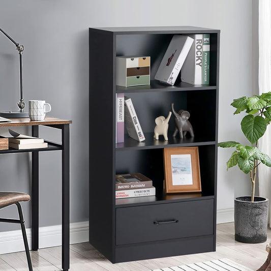 COSTWAY Wooden Bookcase, Freestanding Storage Bookshelf Cabinet with 3-Tier Open Shelves & Drawer, Display Rack Shelving Unit Cupboard for Living Room, Bedroom, Hallway and Office (Black)
