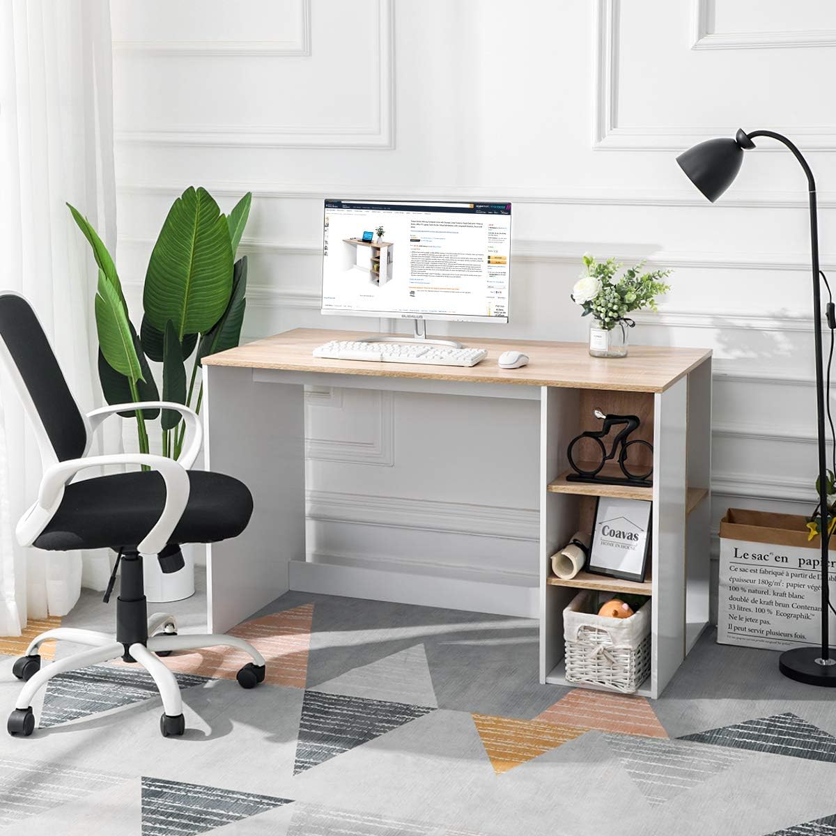 Writing Computer Desk with Storage, Large Study Desk with 5 Shelves Home Office Table Wood Computer Workstation with Integrated Bookcaseï¼ŒBeech & White,Multicolor