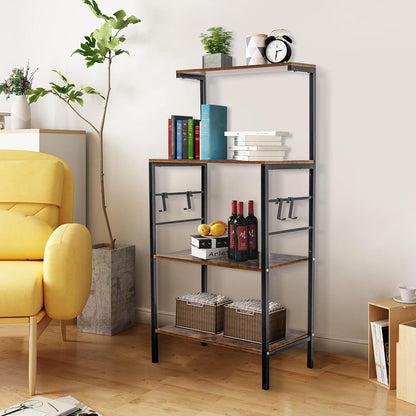 Sasoiky Bakers Rack for Kitchen,4-Tier Kitchen Storage Shelf Rack,Microwave Cart Coffee Bar Microwave Stand Rack with 4 Hooks,Bakers Racks for Kitchens with Storage(Rustic Brown)