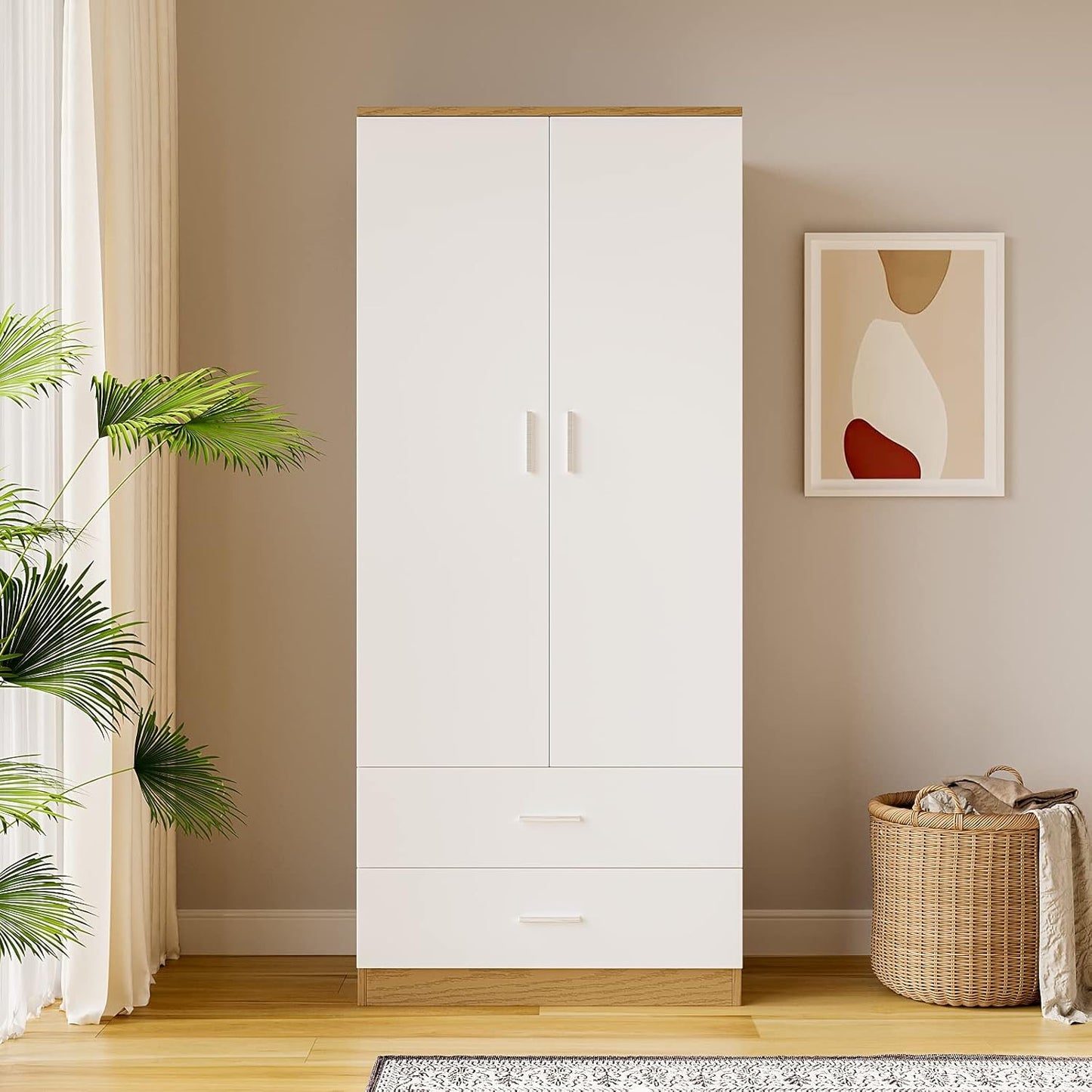 2 Door 2 Drawer Wardrobe with Hanging Rail Wooden Clothes Storage Cupboards Unit for Bedroom Furniture 76.8 * 50 * 180cm (White with Oak)