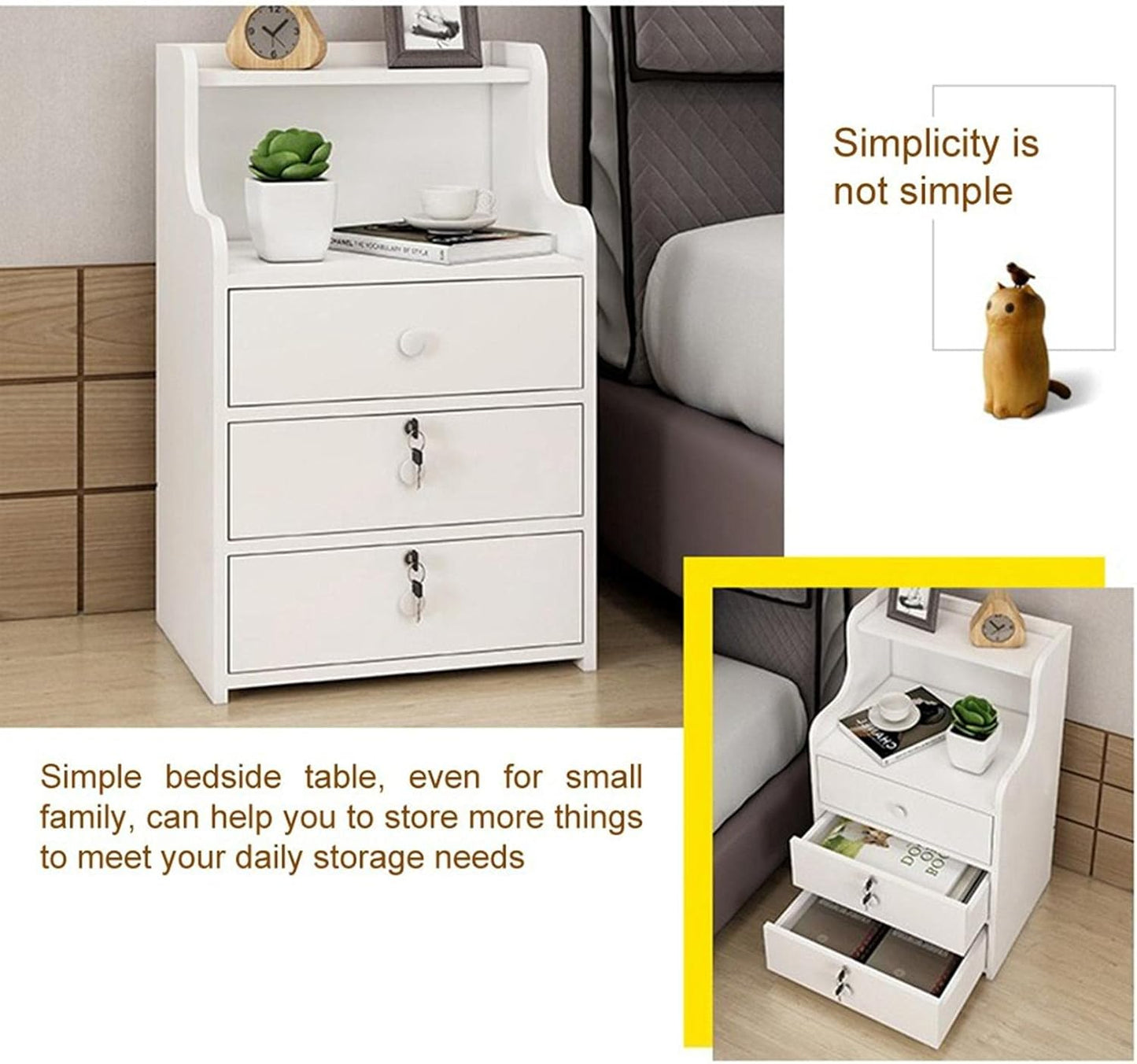 GMSWCG Nightstand, Bedside Table, Simple End Table Bedroom Coffee Table 3 Drawer with Lock Cabinet,Side Table File Cabinet Storage Table for Bedroom/Living Room/Study Room Bedside Cabinets