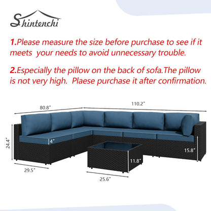 Shintenchi 7 Pieces Outdoor Patio Sectional Sofa Couch, Black Wicker Furniture Conversation Sets with Washable Cushions & Glass Coffee Table for Garden, Poolside, Backyard (Aegean Blue)
