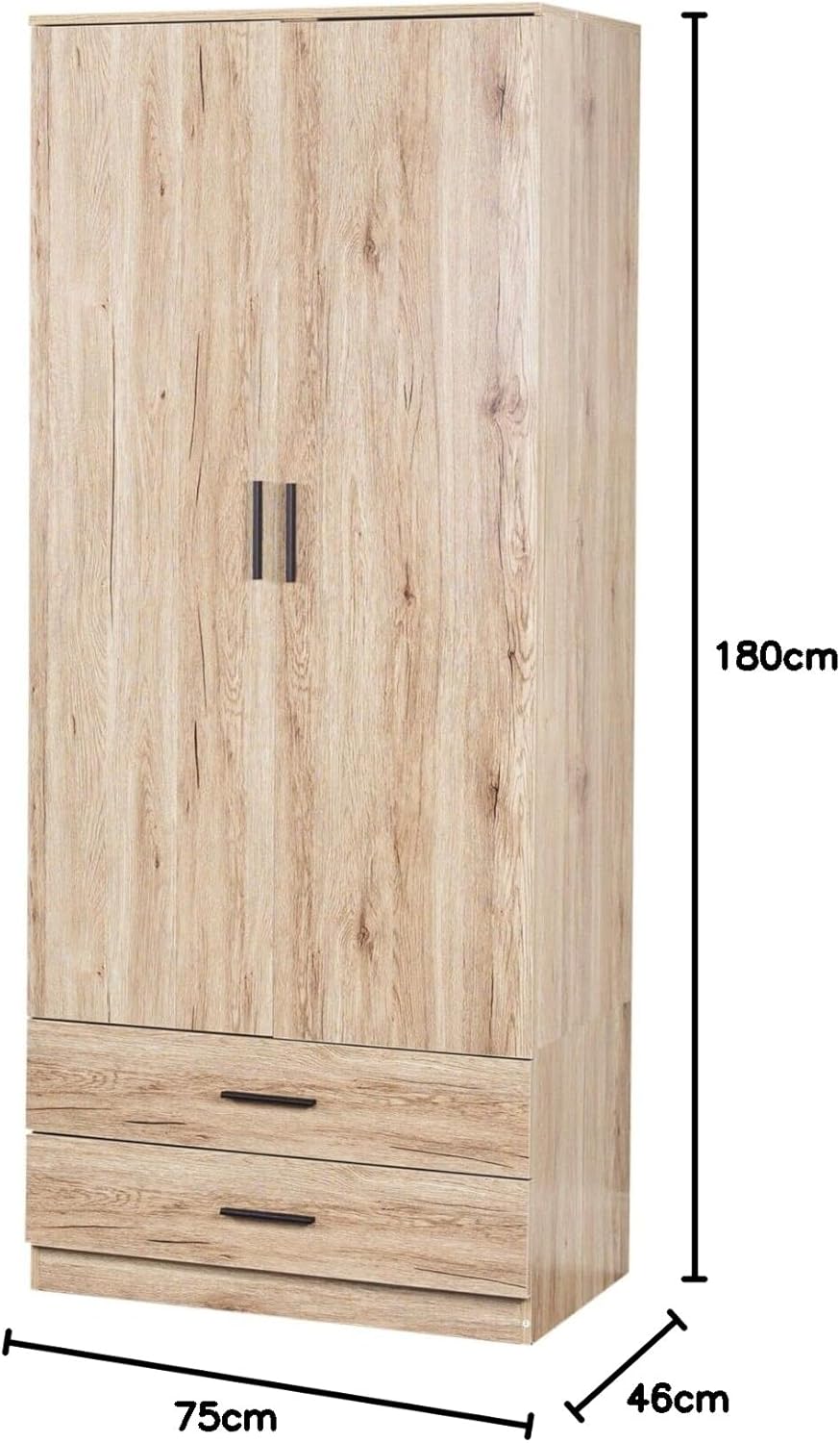 URBNLIVING Oak Wooden Bedroom Furniture Cabinet Chest of Drawers Dressing Table Wardrobe - 2 Door Wardrobe