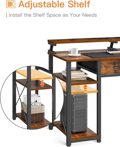 ODK Computer Desk 40" Table: Office Desk with Drawers & Wood Storage Shelves, Home Work Writing Desk & Large Space Monitor Stand, Rustic Brown