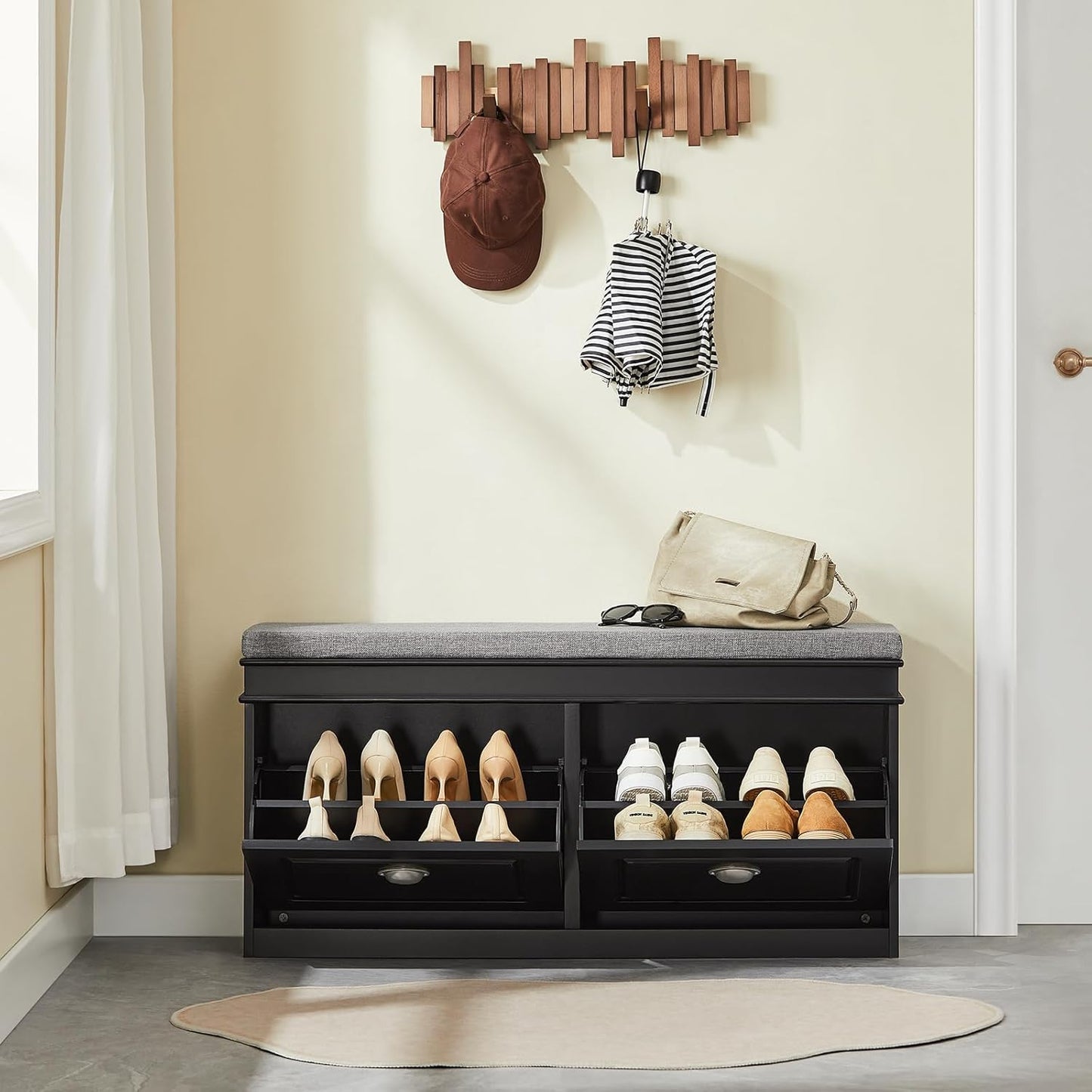 SoBuy FSR64-SCH Shoe Tipper Storage Bench with Seat Cushion with 2 Flaps Black W x H x D x H x D: 104 x 52 x 24 cm