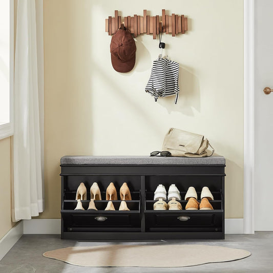 SoBuy FSR64-SCH Shoe Tipper Storage Bench with Seat Cushion with 2 Flaps Black W x H x D x H x D: 104 x 52 x 24 cm