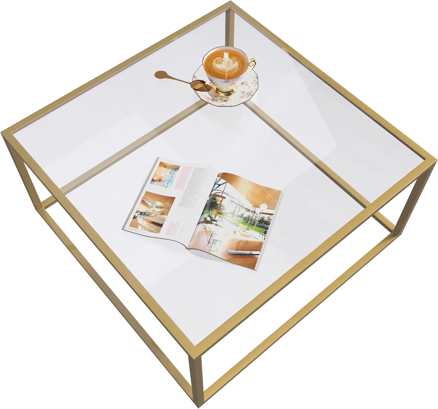 SAYGOER Gold Coffee Table Glass Modern Coffee Tables for Small Space Simple Square Center Table for Living Room Home Office 68 x 68 x 40cm, Easy Assembly