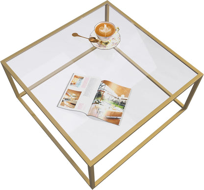 SAYGOER Gold Coffee Table Glass Modern Coffee Tables for Small Space Simple Square Center Table for Living Room Home Office 68 x 68 x 40cm, Easy Assembly