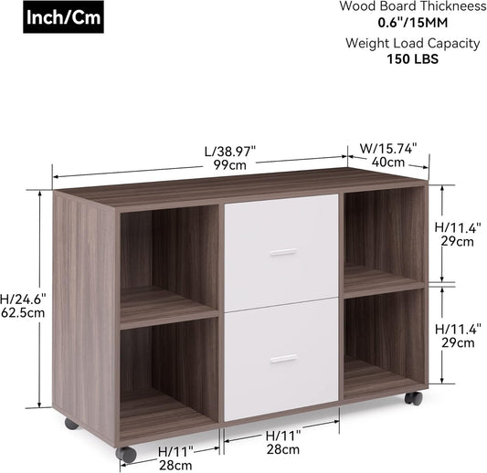 Williamspace File Cabinet for Home Office Filling Cabinets with 2 Drawer & 4 Shelves, Large Mobile Printer Stand with Storage Cabinet on Wheels (Walnut + Grey)
