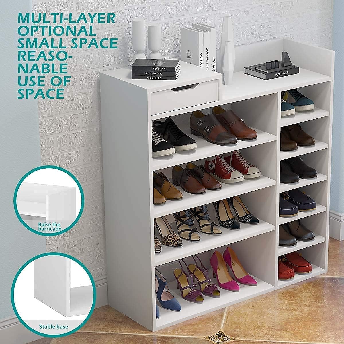 Vicosim Wooden Shoe Shelf, Storage Closet/Drawer Cabinet and Layers Unit, Bookshelf/Shoe Shelving Organizer, White Furniture for Home, Hallway, Bedroom, Corner, White