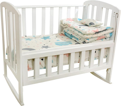 Baby Bed Made of Beech Wood White 3 Levels Open from the Side for Easy Attachment to Mother Bed Comes with Mattress + 4 Pieces Fiber Sides with Sheet and Pillow Free Gift
