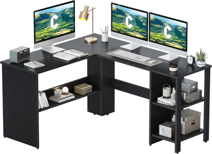 CubiCubi L Shaped Desk, 54.3 Inch Corner Computer Desk with Storage Shelves, Home Office Workstation for Study or Working, Black