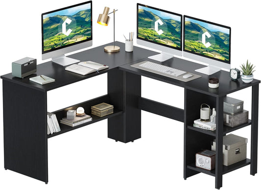 CubiCubi L Shaped Desk, 54.3 Inch Corner Computer Desk with Storage Shelves, Home Office Workstation for Study or Working, Black