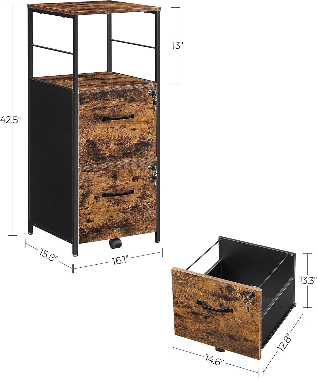 VASAGLE File Cabinet for Home Office, Filing Cabinet with 2 Drawers, Open Shelf, Steel Frame, A4 and Letter Sized Files, Printer Stand, Adjustable Feet, Industrial, Rustic Brown and Black UOFC045B01