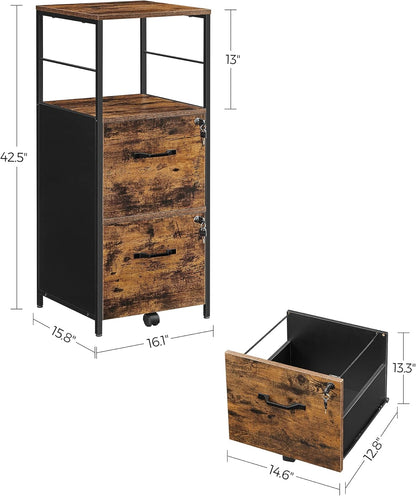 VASAGLE File Cabinet for Home Office, Filing Cabinet with 2 Drawers, Open Shelf, Steel Frame, A4 and Letter Sized Files, Printer Stand, Adjustable Feet, Industrial, Rustic Brown and Black UOFC045B01