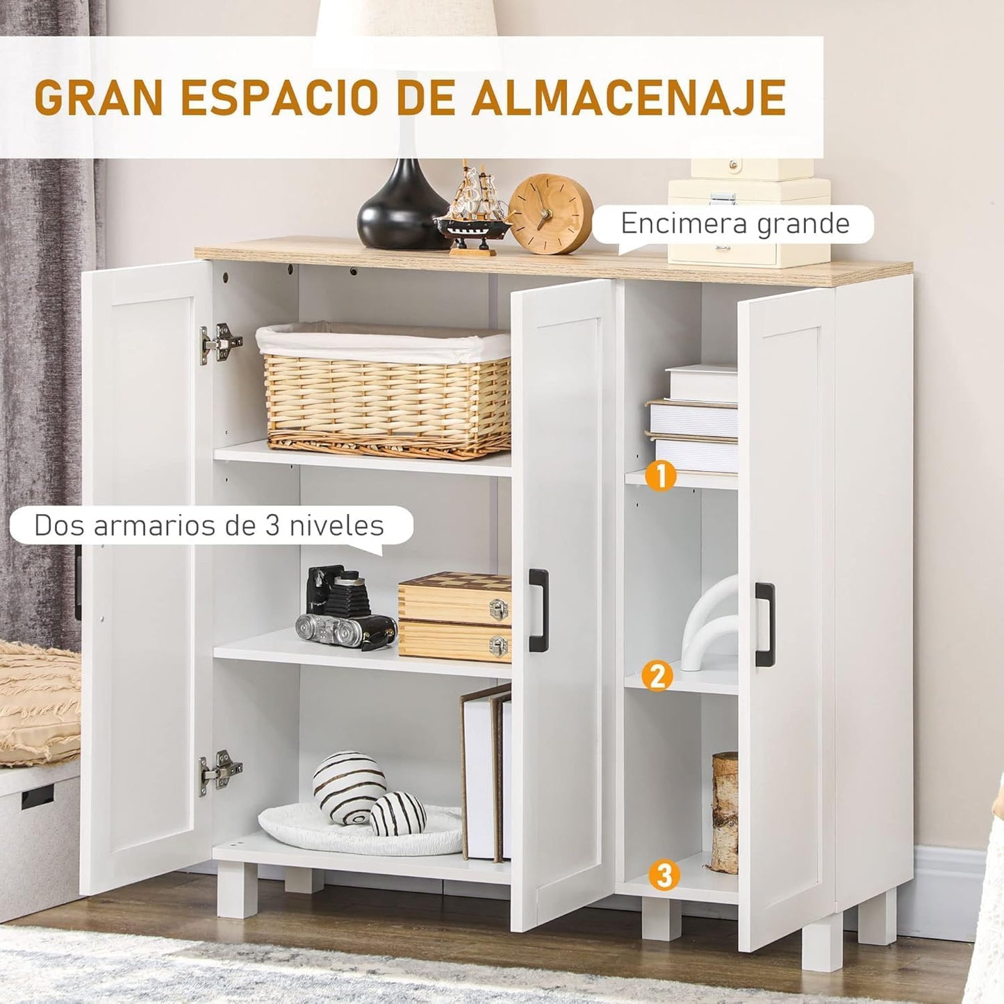 FurniFlex 3-Doors Nordic Style Living Room Sideboard Cabinet with Adjustable Shelves, 90 cm x 30 cm x 90 cm Size, White