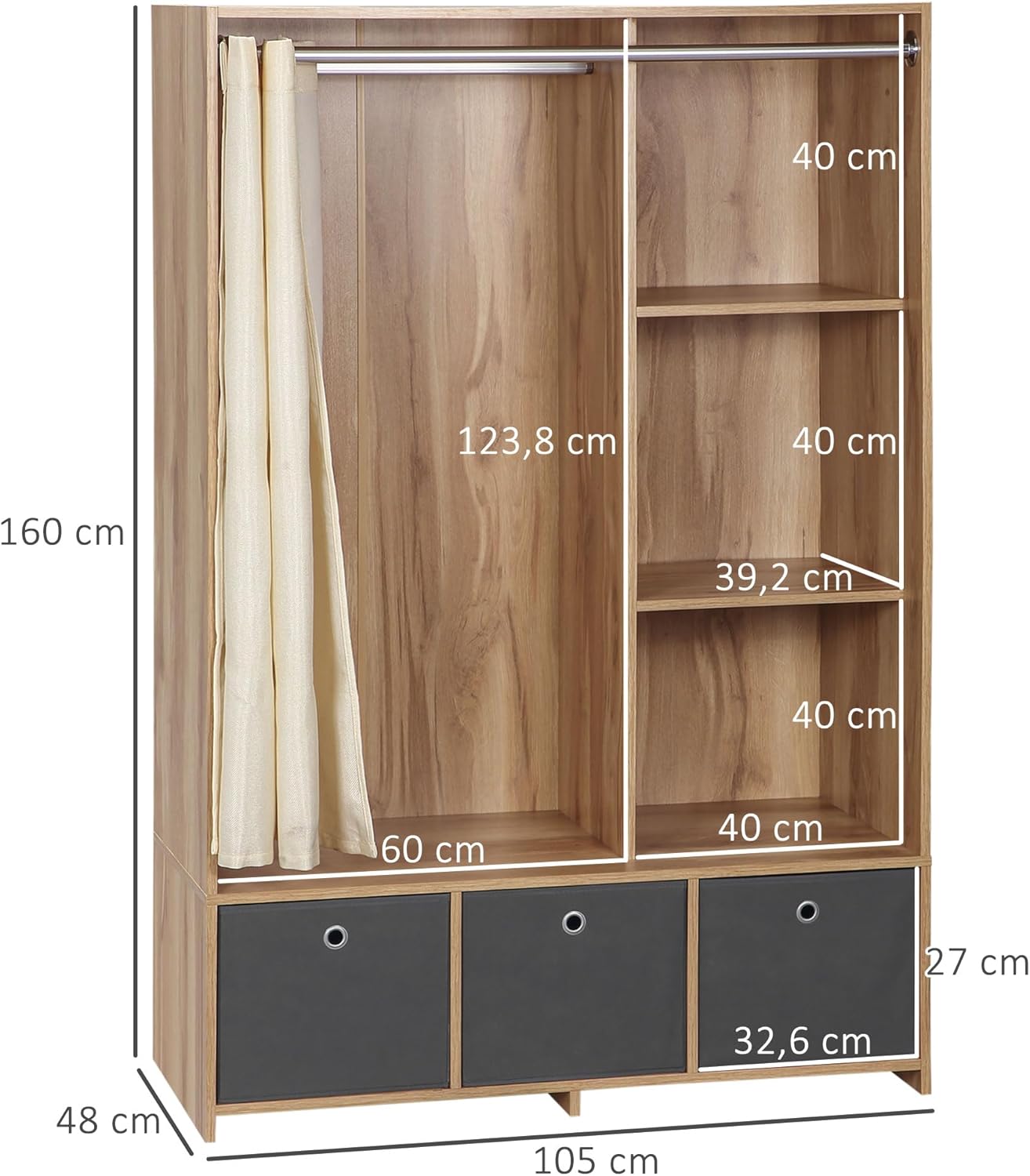 HOMCOM Wardrobe Storage with Rod Curtain 3 Removable Fabric Drawers 105 x 48 x 160 cm Natural