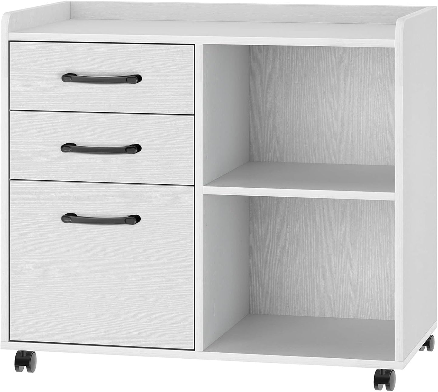 Rolanstar File Cabinet 3-Drawers, Mobile Lateral Printer Stand with Open Storage Shelf, Rolling Filing Cabinet with Wheels for A4/Letter Size,White