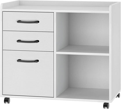 Rolanstar File Cabinet 3-Drawers, Mobile Lateral Printer Stand with Open Storage Shelf, Rolling Filing Cabinet with Wheels for A4/Letter Size,White