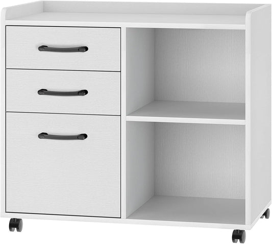 Rolanstar File Cabinet 3-Drawers, Mobile Lateral Printer Stand with Open Storage Shelf, Rolling Filing Cabinet with Wheels for A4/Letter Size,White
